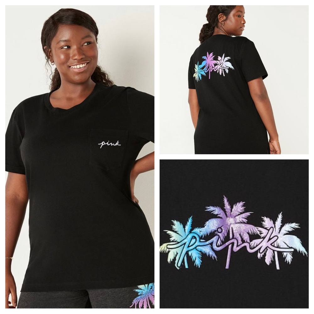 VS VICTORIAS SECRET PINK CAMPUS SHORT SLEEVE TEE TOP PURE BLACK PALM SHINE L